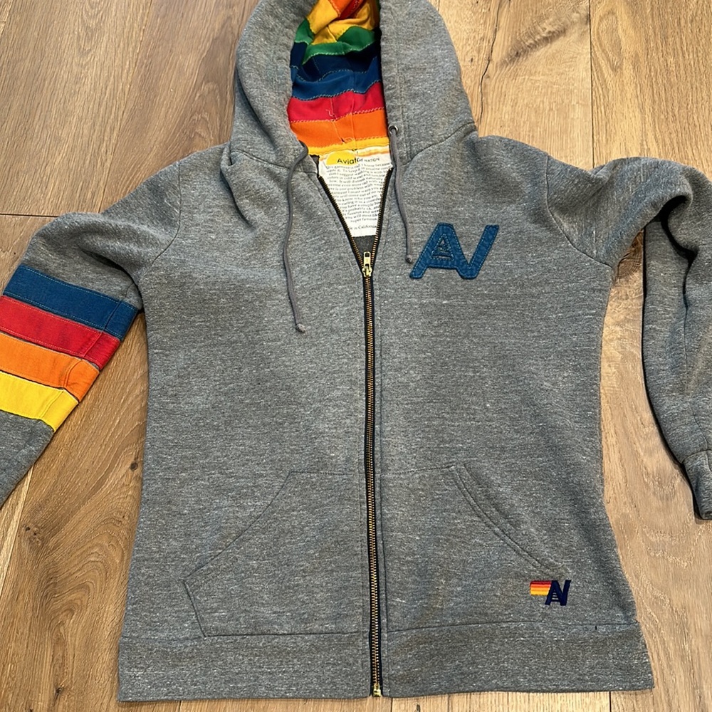 Aviator Nation Gray 3/4 Sleeve Hoodie with Rainbow Stripes